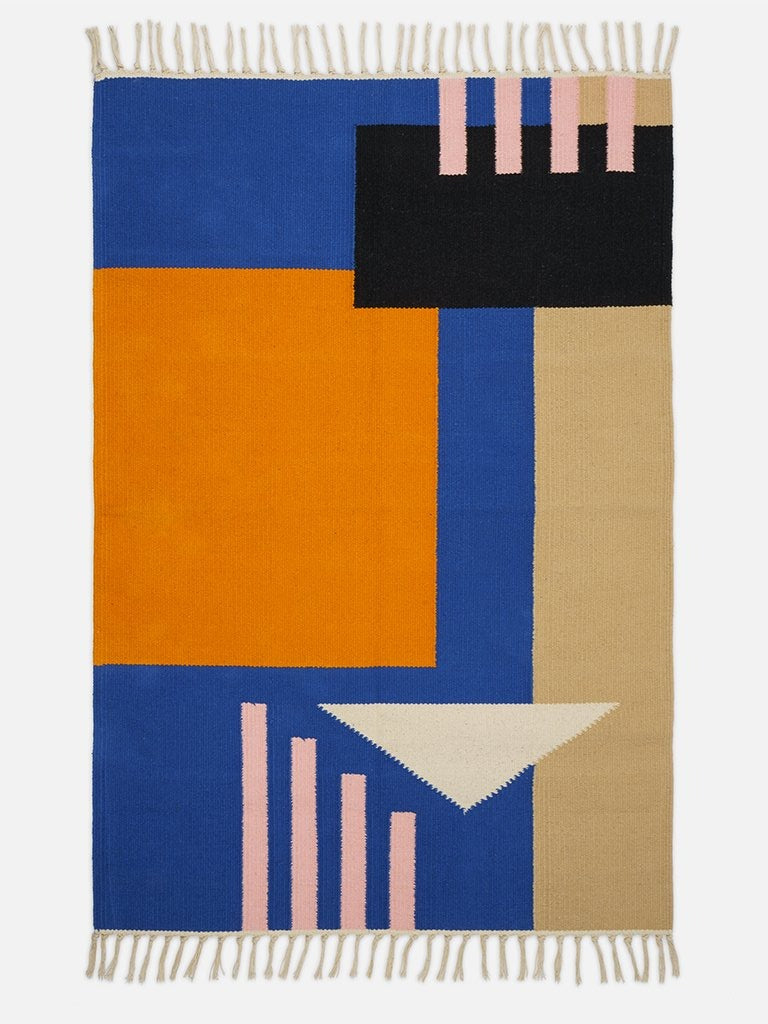 Baumwoll-Teppich mit geometrischem Muster // Blau-Orange Klein