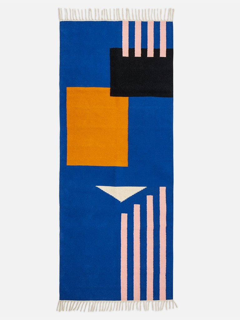 Baumwoll-Teppich mit geometrischem Muster // Blau-Orange </br> Lang