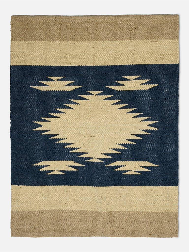 Teppich aus Jute mit Zacken-Muster // Beige-Braun-Blau