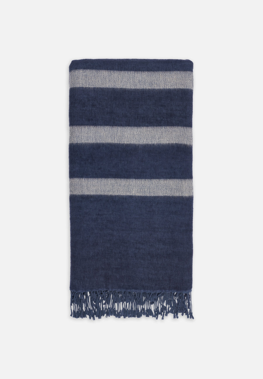 Decke aus Yak-Wolle & Baumwolle mit Streifen // Blau-Beige
