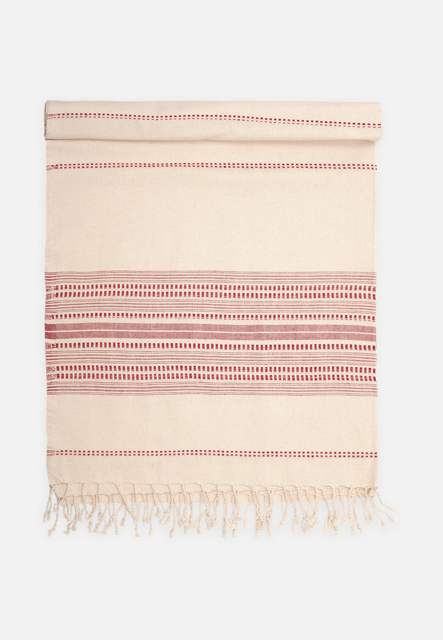 Cotton towel with fringes in beige and red 